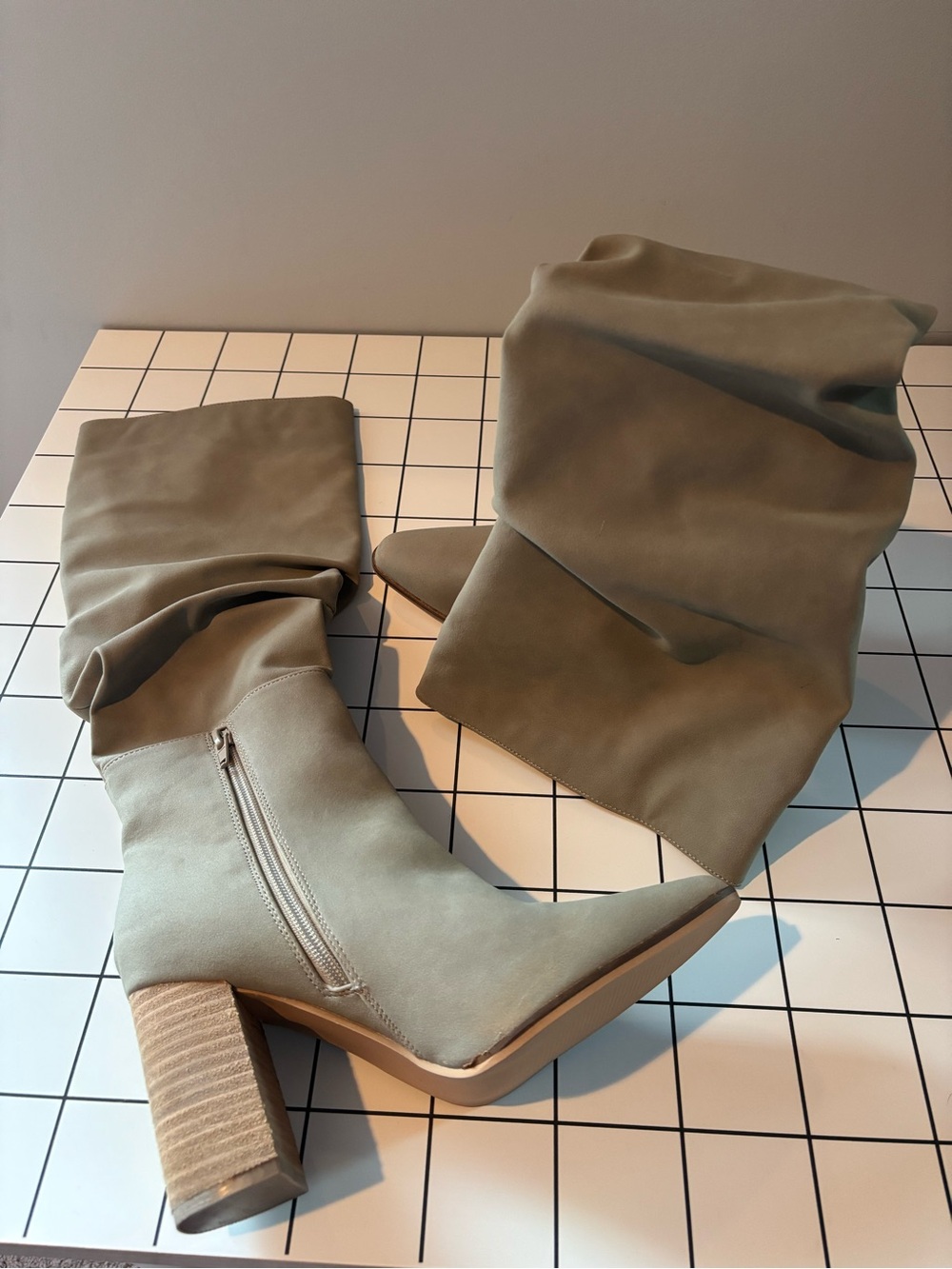 Knee-High Slouch Block Heel Boots in Taupe